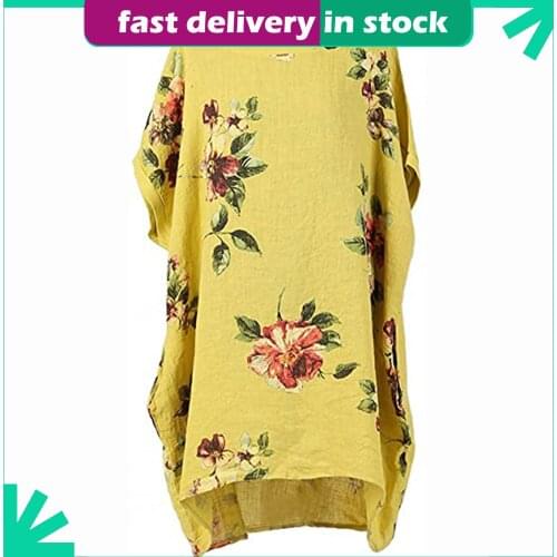 Womens Blouse Summer Boho Floral Printed Cotton Linen O Neck Short Sleeve Comfortable Casual Tee Tops Plus Size Shirts