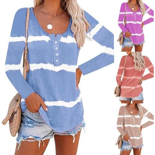 Women Casual O Neck Long Sleeve Gradient Color Buttons Blouse Top Sweatshirt