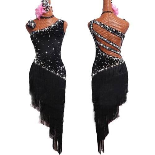Latin Dance Dresses For Women Black Fringe Shiny Rhinestone Backless Tango Salsa Ballroom Compete Latin Dance Costumes BL1279