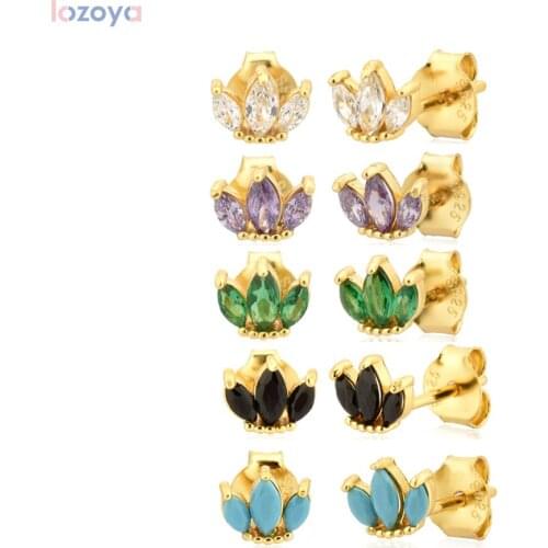 Lozoya 925 Sterling Women Luxury CZ Piercing Silver Winter Zircon Black Turquoise Queen Stud Earring Fashion Party Jewels