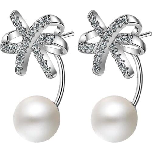 New Sweet Bowknot Plastic Pearl CZ Zircon 925 Sterling Silver Female Stud Earrings Original Jewelry For Women Wedding Gift Girls