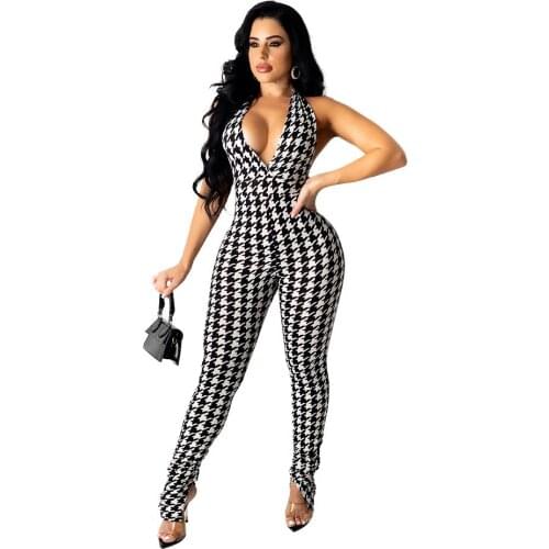 Classic Black White Plaid Printed Skinny One Piece Club Outfits For Women Jumpsuit Rompers Bodycon Playsuits High Waist Pants