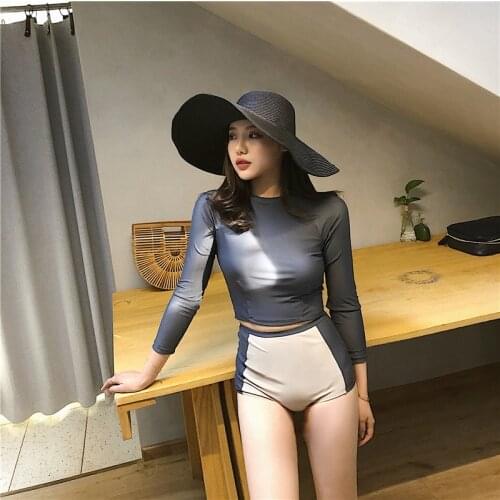 2021 New Korean Women Sexy Swimming Wear High Waist Two Pieces Swimsuit Long Sleeve Bottom Bikini Set Summer Beachwear