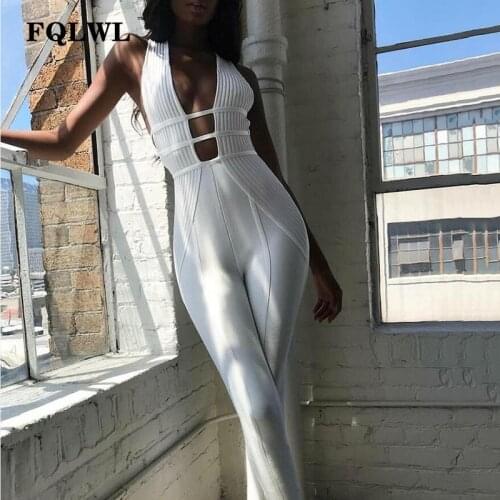 FQLWL Elegant Bodycon Bandage Sexy Womens Jumpsuit V Neck Hollow Out Backless White Rompers Womens Jumpsuit Female Playsuit