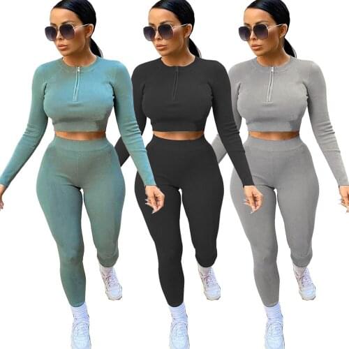 Casual Solid Knitted Rib Black Grey Tracksuit Women Sexy Zipper O Neck Long Sleeve Crop Top + Leggings Two Piece Set Lounge wear