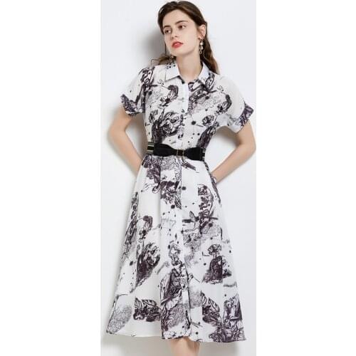 Menahem 2021 Summer Runway Fashion Shirt Dresses Womens Short Sleeve Lapel Jungle Ink Animal Print Midi Dress With PU Belt