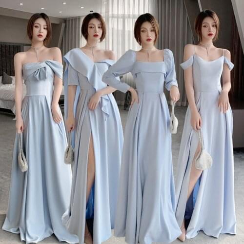 Bridesmaids Dresses Vintage V-Neck Spaghetti Straps Sleeveless Jersey A-Line Off The Shoulder Blue Women Wedding Party Gown E407
