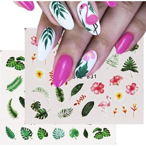 3D Nail Art Stickers Summer Colorful Green Leafs Bird Cactus Flowers Transfer Nail Sticker DIY Nails Decals Nail Art Decoration