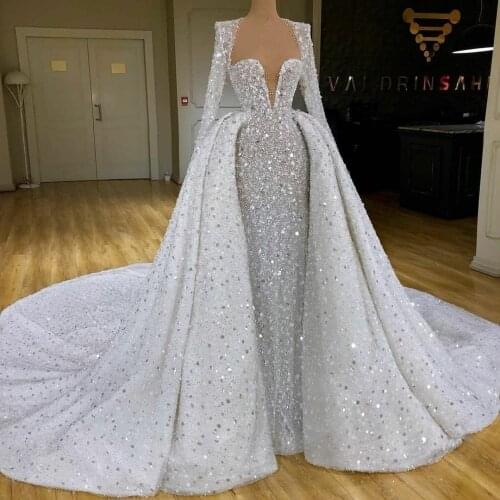 A Line Sequins Wedding Dresses Long Sleeves Overskirt Bridal Gowns Dubai Luxurious vestido de novia