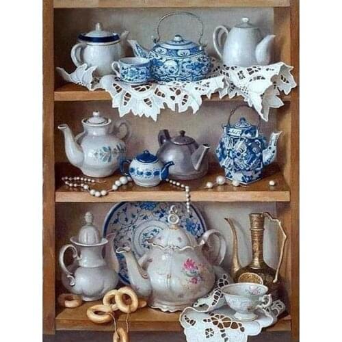 5D DIY Diamond Painting Tea Pot Kitchen Shelf Full Drill Diamond Embroidery Cross Stitch Mosaic Rhinestone Home Decor Gifts