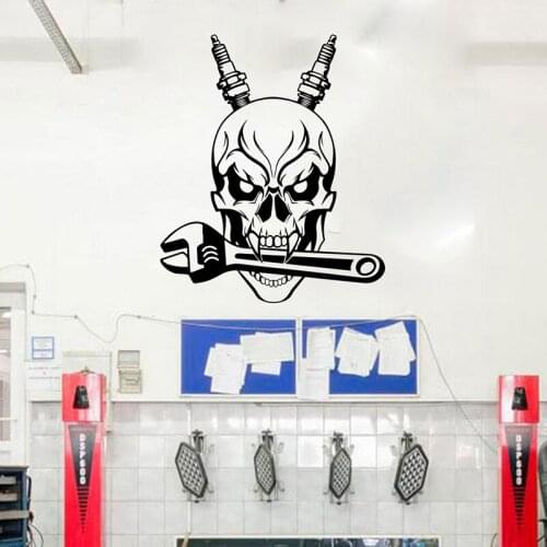 Auto Mechanic Skull Spark Plug Wrench Tools Garage Shop Wall Sticker Car Vehicle Repair Skull Wall Decal