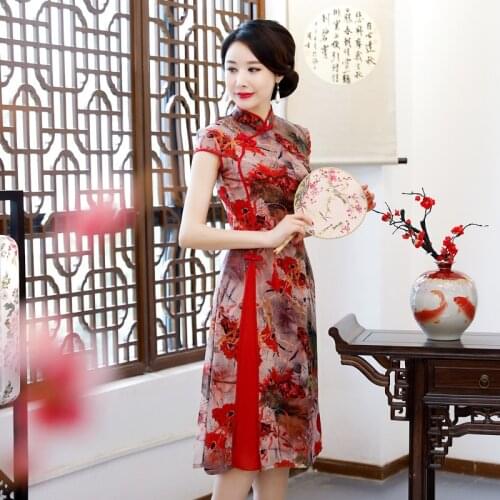 Traditional Women Chiffon Chinese DresS Sweet Loose Print Floral Mid-Length Qipao Skirt Wedding Party Mother AoDai Cheongsam 3XL