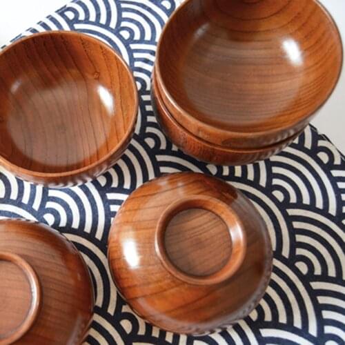 Japanese Style Solid Wooden Bowl Soup Rice Noodles Food Serving Round Tableware Hot