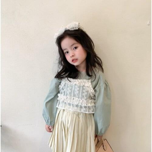 Girls fashion light green long sleeve casual blouse with lace vest 2021 Spring casual clothes outfits