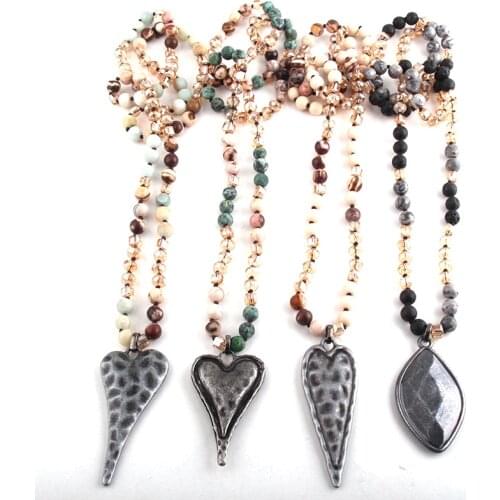 Fashion Bohemian Tribal Jewelry Multi Stone Beige Glass Long Knotted Black Metal Heart Pendant Necklaces