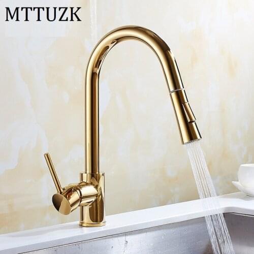 MTTUZK Brass Gold Pull Out Kitchen Faucet Sink Mixer Tap 360 Degree Two Ways Spry Kitchen Faucet Rotation Torneira Cozinha Crane