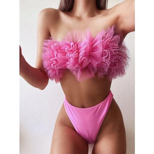 Solid Off Shoulder Bikini 2020 Women Pink Push Up Flower bandeau Swimwear Female Bathing Suit Thong Swimsuit Maillot De Bain