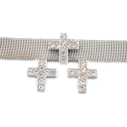 50PCS 10mm Alloy Clear Rhinestone Cross Slide Charms Slide Beads DIY 10mm Bracelets Wristbands Pet Collar Belt Strap