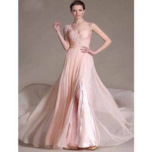 Blush Evening Dresses A-line One-shoulder Chiffon Appliques Beaded Long Dubai Saudi Arabic Evening Gown Prom Dresses