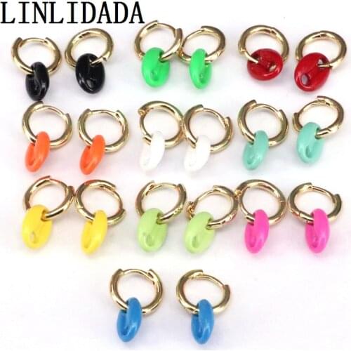 5Pairs,Neon enamel color Geometric charm earring gold metal trendy fashion women girl mini hoops