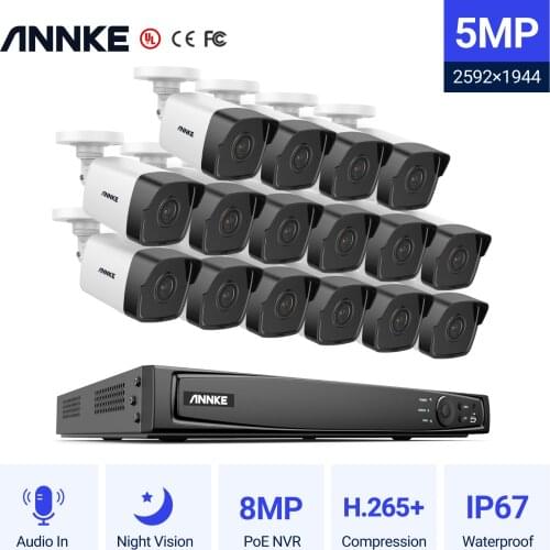 ANNKE 16CH 5MP H.265+ HD PoE Network Video Security System 16pcs 2.8mm IP67 Outdoor POE IP Cameras Plug & Play PoE Camera Kit