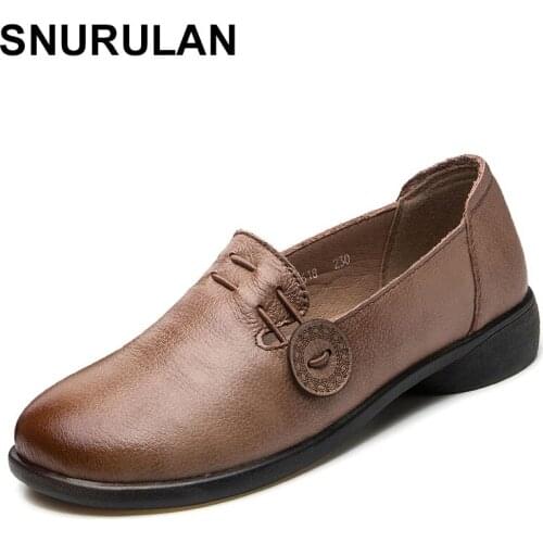 SNURULAN 2020 Women Flats Handmade Spring Autumn Genuine Leather Ladies Shoe Flats Women Soft Leather Retro Shoe