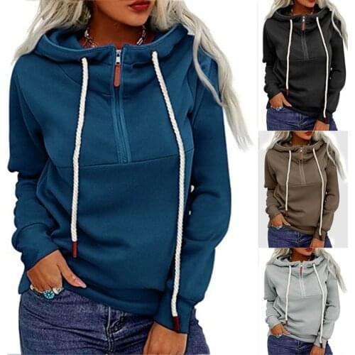 Womens Sweatshirt Hoodies Tops,Fashion Casual Solid Color Long Sleeve Pullover Blouse with Zipper for Spring Fall,S/M/L/XL/XXL