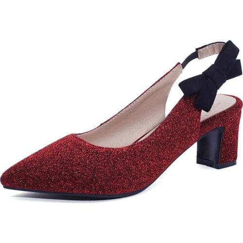 High Heels Women Pumps Block Heels Slingbacks Shoes Glitter Bow Pointed Toe Shoes Lady Red Blue Big Size 44 45 46 10 11 12