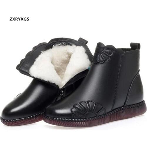 High Quality Full Cowhide Full Wool Boots Warm Shoes Woman Winter Snow Boots Flat Comfort Leather Boots for Women Shoes Boots