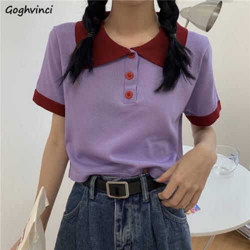 Short Sleeve T-shirts Women Patchwork Lapel Collar Button Knitted Crop Tops Female Preppy Style All-match Retro Vintage Summer