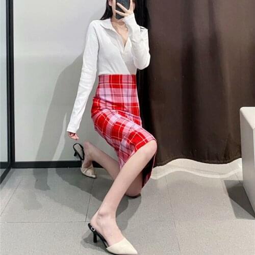 Womens Red Plaid High-waisted Long Skirts Traf Office Women Summer Dress Clothing Fashion Clothes Mid-length Kawaii Sexy Mini