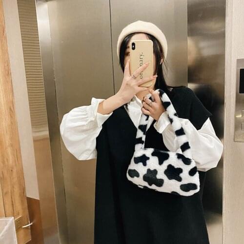 Retro Women Plush Shoulder Bags Winter Fashion Animal Pattern Underarm Bag Female Elegant Lady Top-handle Handbag For 2021 Trend