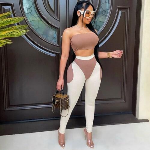 Color Block Patchwork Knitted Tracksuit Women Two Piece Pant Suit Off Shoulder Backless Crop Top and Pencil Legging Jogger New