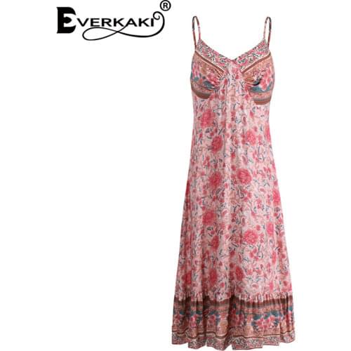 Everkaki Boho Floral Print Maxi Dress Women Summer Folk Beach Sleeveless Backless Bohemian Chic Long Dresses Female 2021 Autumn
