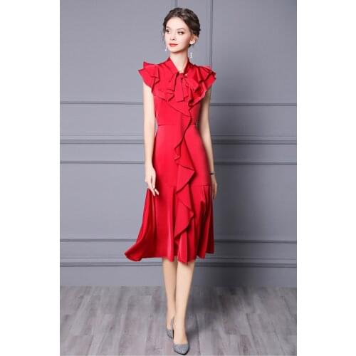 Bow Tie Elegant Dress 2021 Summer Business Inspired Women Ruffle Floral Patchwork Mid-Calf Length Sleeveless Red Green Dress