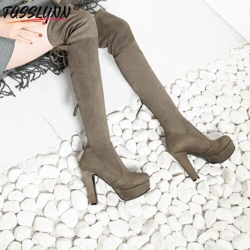 TASSLYNN 2019 Winter Boot Women Zipper Stretch Fabric Shoes Women Over The Knee Boots Thick Heel Platform Party Women Shoes