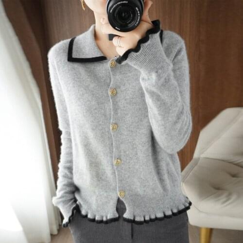 100% Cashmere and Wool Sweater Womens Lapel Cardigan Autumn/Winter 2021 Womens Jacket Long-sleeved Knitted Tops Korean Fashion