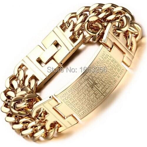 2016 New List Top Quality Mans Gold Spanish Bible Stainless Steel Two Row Chain Cross ID Bracelet 18mm 8.26