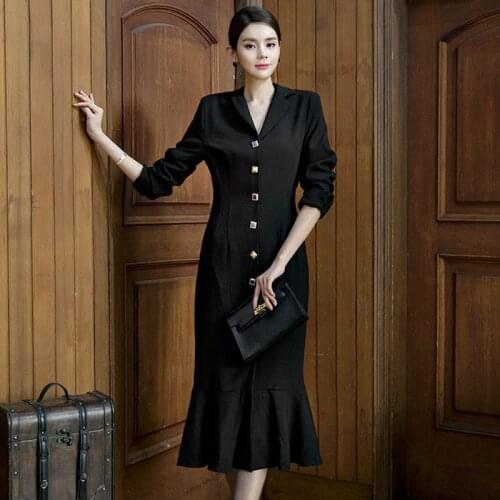2020 Winter Sheer V-neck Long Sleeve Single Breasted Trumpet Midi Ruffled Pocket Slim Black OL Work Office Dresses for Women