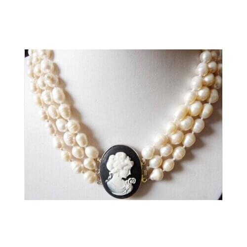 3 rows 8-9MM white baroque pearl & carved girl necklace 17-19"GE4587 Factory Wholesale price Women Gift word Jewelry