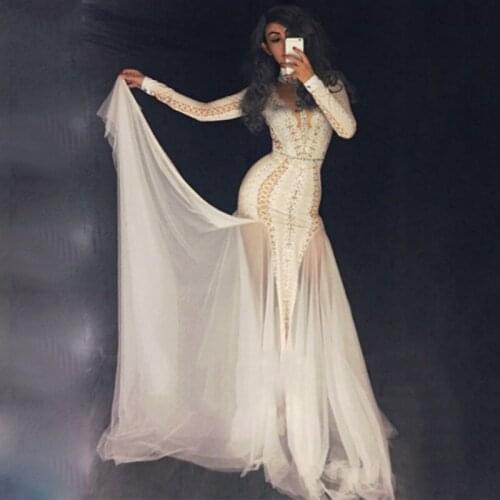 Nightclub White Dj Ds Long Dress Bodysuit Sparkling Crystals Nightclub Party Stage Wear Bling Women Celebrity Dresses DNV10816