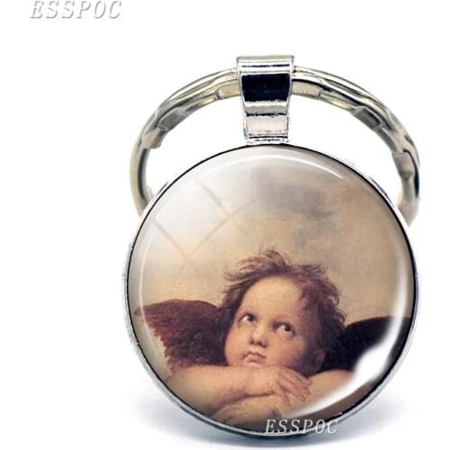 Virgin and Angel Keychain Virgin Mary Glass Cabochon Pendant Keyrings Angels Metal Key Chain Fashion Jewelry for Men Women Gift