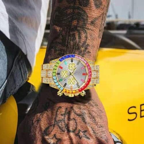Colorful Diamond Watch for Men Luxury Iced Out Gold Watch Hip Hop Quartz Clock Wristwatch Relogio Masculino Mens Watches Reloj