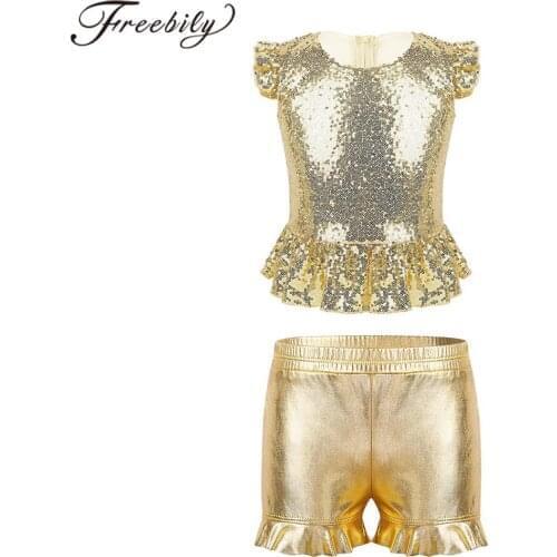 Kids Girls Sparkly Sequins Ballet Leotard Top And Shorts Dance Set Children Ballet Dance Gymnastics Stage Performance Clothes