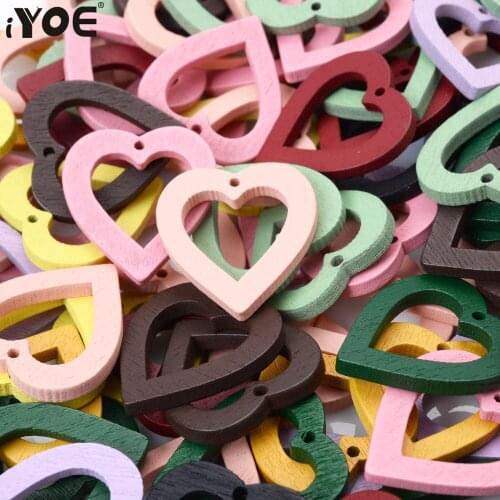 IYOE 30pcs/Lot 23x25mm Hollow Heart Wood Charms Mix Color Wooden Charms Pendant For Making Earring Necklace Handmade Craft