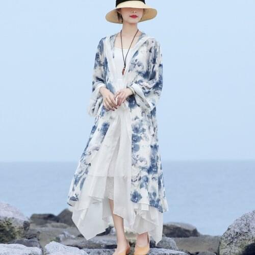 Johnature Women Hoodie Coat Chiffon Long Sleeve Print Floral Elegant Belt LooseClothing 2021 Summer New Comfortable Soft Coats