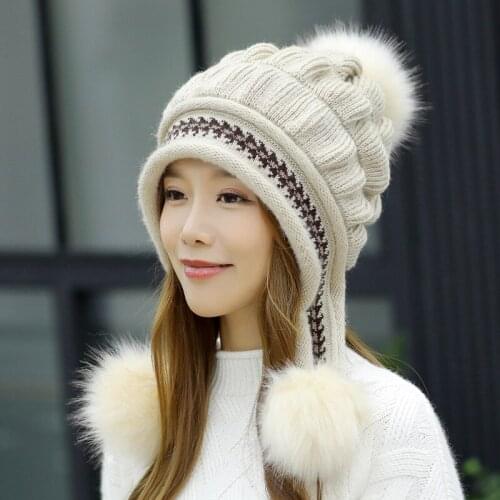 Korean New Style Womens Hat Autumn and Winter Woolen Cap Triple Fur Ball Open Knit Hat Brushed and Thick Knitted Hat