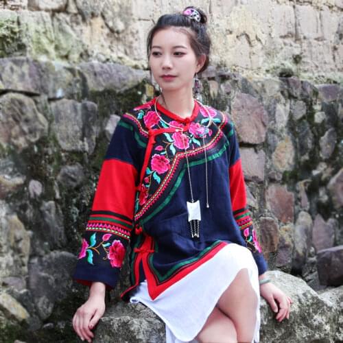 Original Ethnic embroidered women jacket Autumn Winter women blouse with buckle mid-length cotton and linen coat
