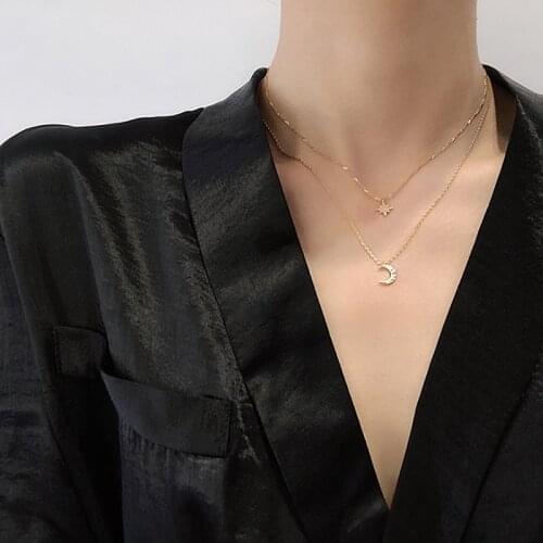 Moon Stars Zircon Pendant Chokers Necklaces Multi Layer Copper Plated Gold Chain Statement Necklace Collar for Women Jewelry