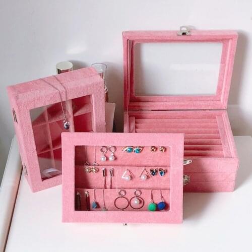 Small Velvet Pink Carrying Case with Glass Cover Jewelry Ring Display Box Tray Holder Storage Box Organizer Earrings Ring Bracel